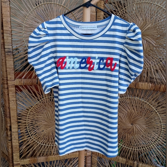Pretty Little Patriot Blue and White Striped Short Puff Sleeve Tee_Med - Picture 2 of 8